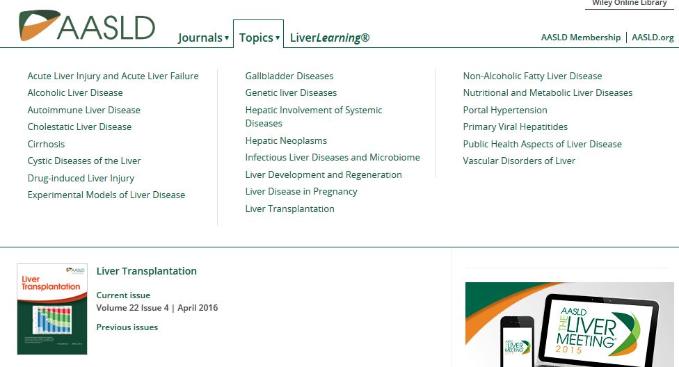 landing page of aasld.org hub on wiley online library, showing search options by topic