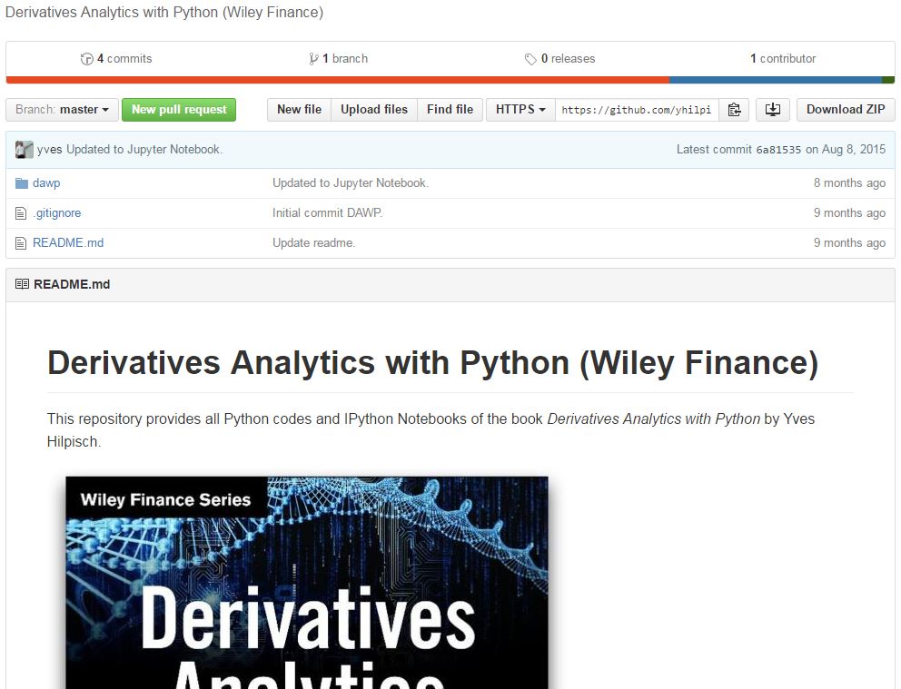 Screen capture of GitHub Repository Pyhton code for Derivatives Analytics with Python 