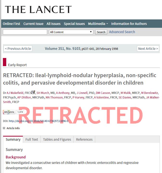 Retracted article from The Lancet with the title RETRACTED: Ileal-lymphoid-nodular hyperplasia, non-specific colitis, and pervasive developmental disorder in children