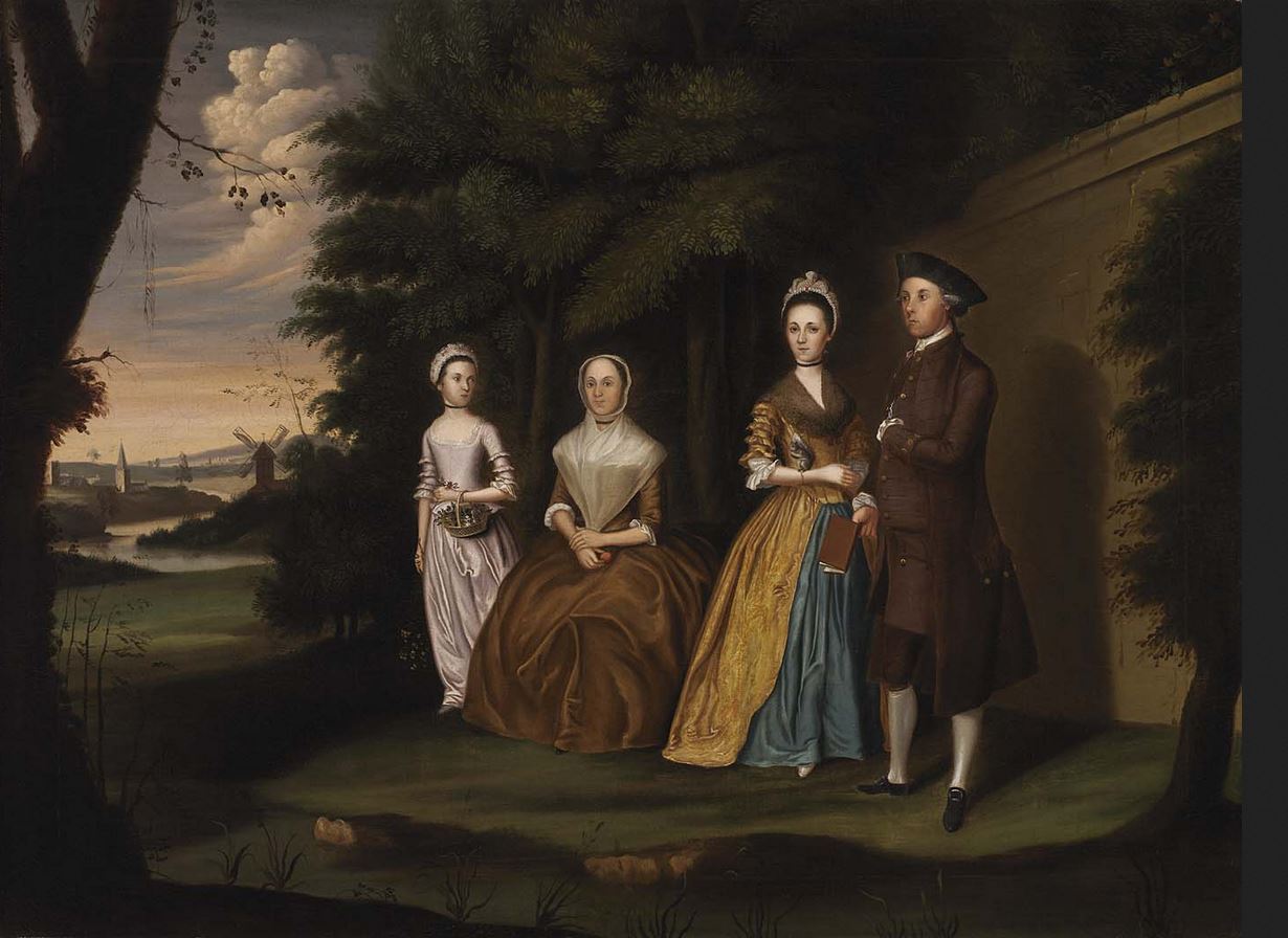 Oil portrait of 18th century family standing outside near windmills