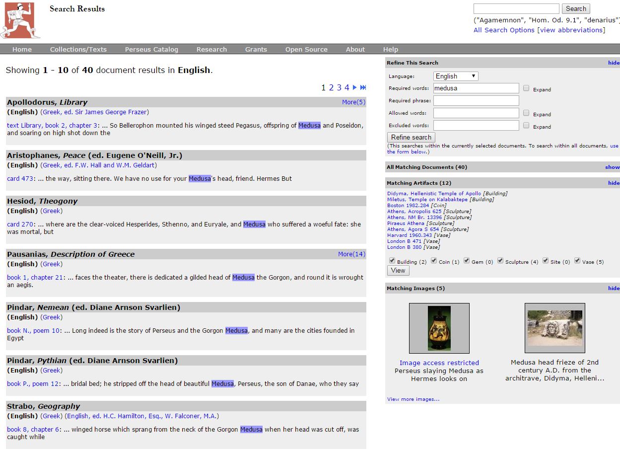 Search results of the Tufts Perseus index showing all results for medusa across all assets