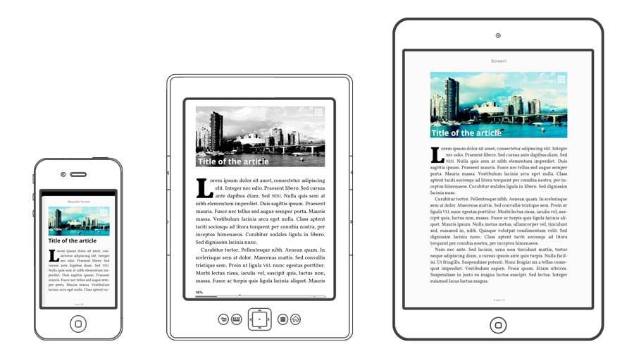Le contenu d’un fichier EPUB affiché à l’écran n’est pas le même en fonction des dimensions de l’écran. Un smartphone affichera moins de contenu qu’une liseuse ou qu’une tablette.